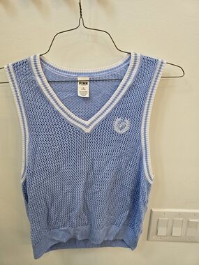 PINK Light Blue Knit Mesh Sweater Vest with White Trim